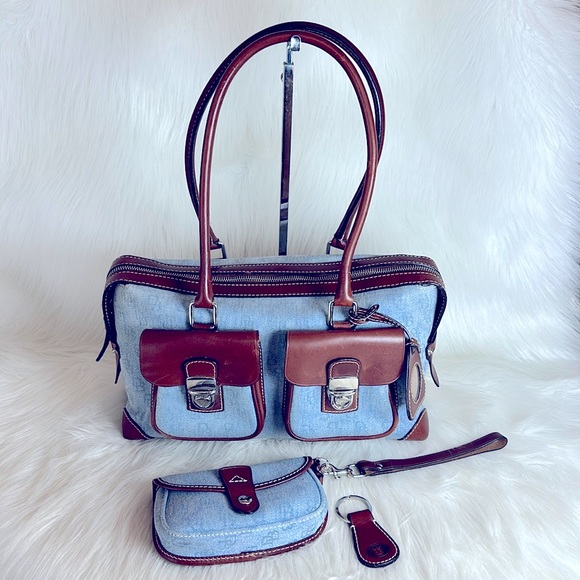 Dooney & Bourke Handbags - EUC 3pc set Dooney & Bourke denim and dark leather wristlet and keychain